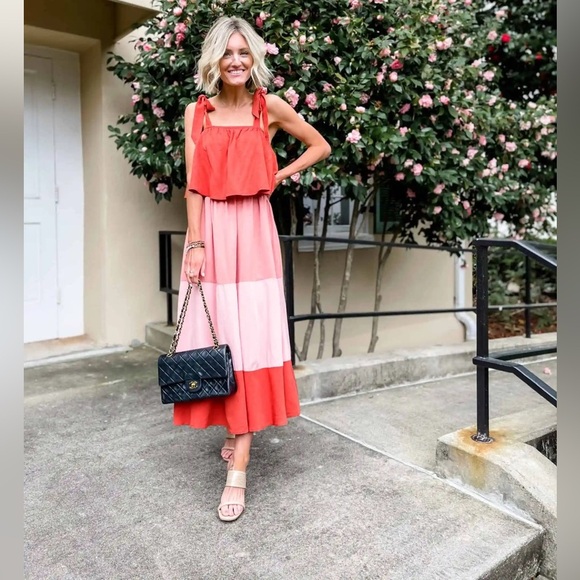 Petal & Pup Jayde Colorblock Tiered Ruffle Tie Strap Midi Dress in Rust - Picture 1 of 12